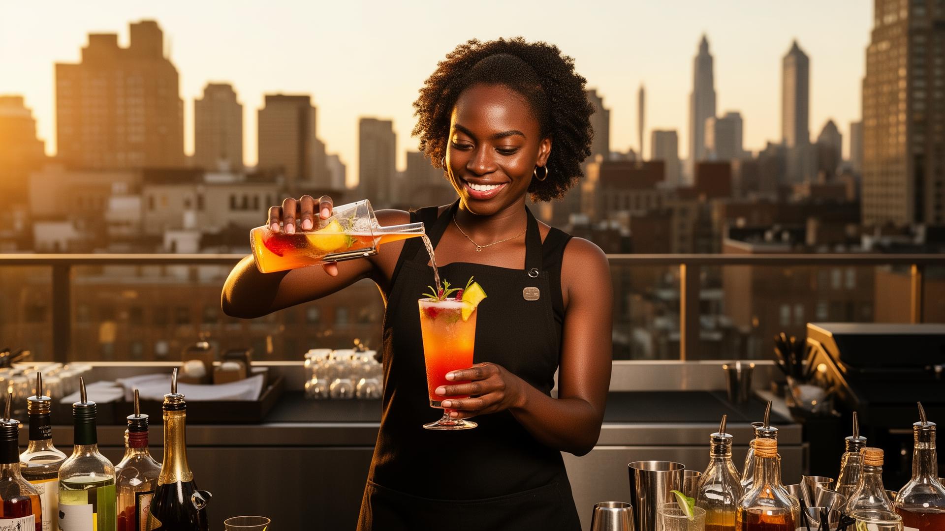 Bartender pouring on rooftop